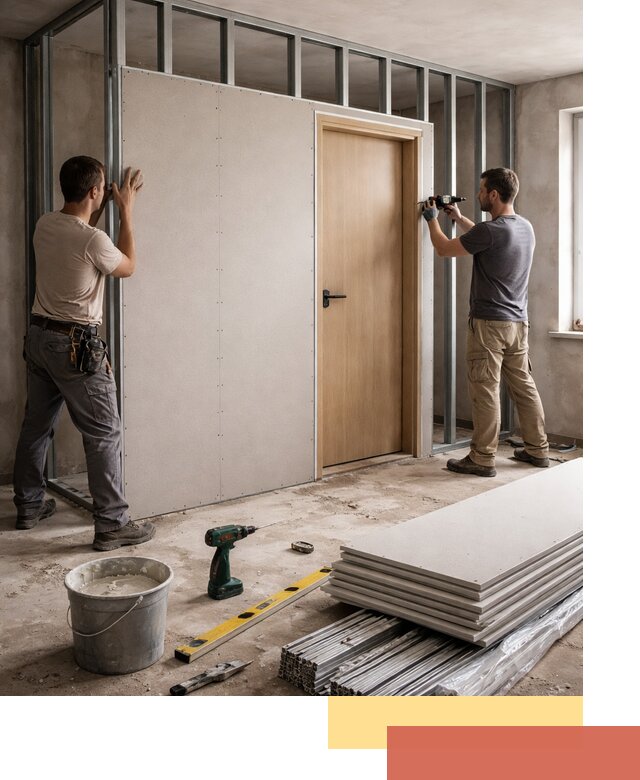 Перегородка из гипсокартона с дверью под ключ в Дубне