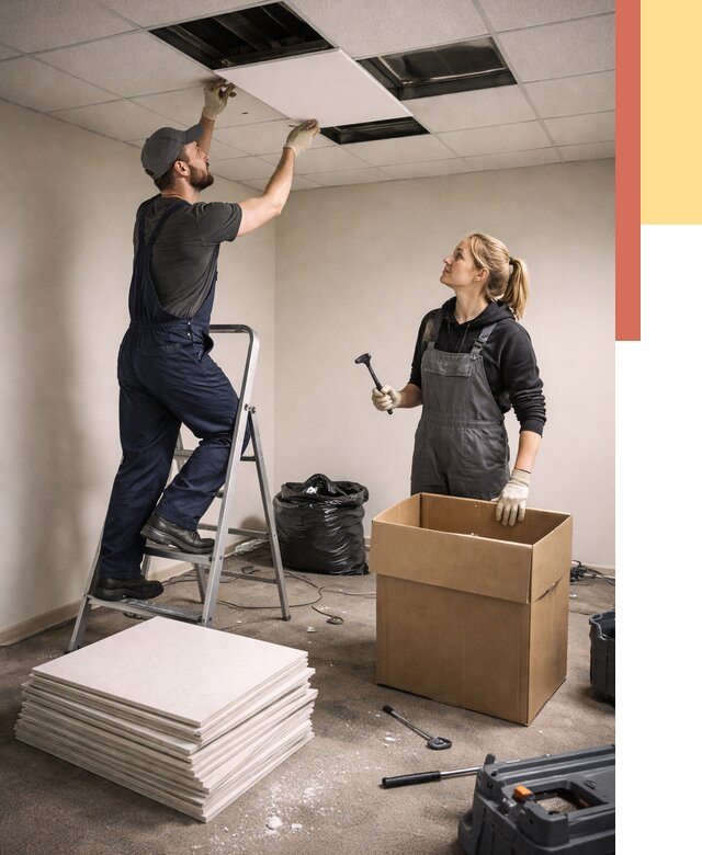 Демонтаж потолочной плитки в Дубне от 4594 руб. быстро и недорого | ОТДЕЛОЧНИК-Дбн