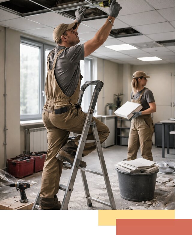 Ремонт потолка Армстронг и замена плит в Дубне