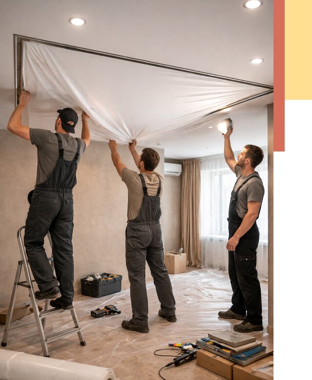 Монтаж ПВХ натяжного потолка в Дубне от 3573 руб. под ключ | ОТДЕЛОЧНИК-Дбн