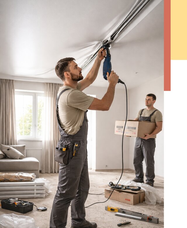 Монтаж сатинового натяжного потолка в Дубне от 3573 руб. | Быстро, недорого — ОТДЕЛОЧНИК-Дбн