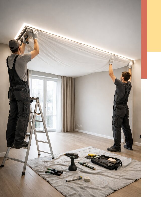 Монтаж парящего натяжного потолка в Дубне от 4594 руб. быстро и недорого | ОТДЕЛОЧНИК-Дбн