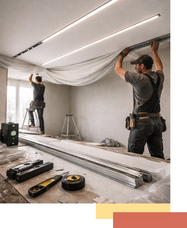 Монтаж натяжных потолков со световыми линиями в Дубне