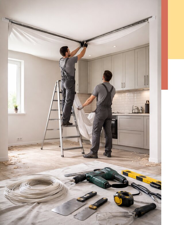 Установка натяжного потолка на кухне в Дубне от 2450 руб. | ОТДЕЛОЧНИК-Дбн