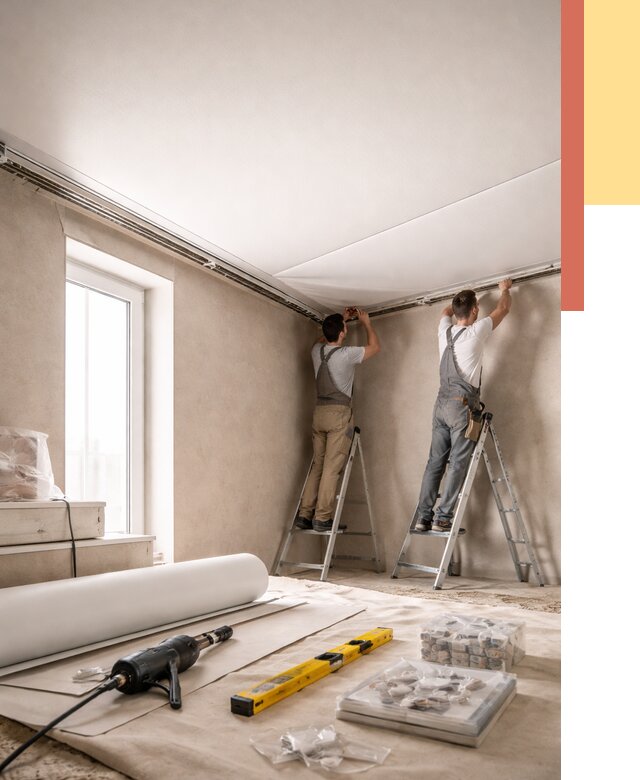 Монтаж натяжного потолка в спальне в Дубне от 3879 руб. под ключ | ОТДЕЛОЧНИК-Дбн