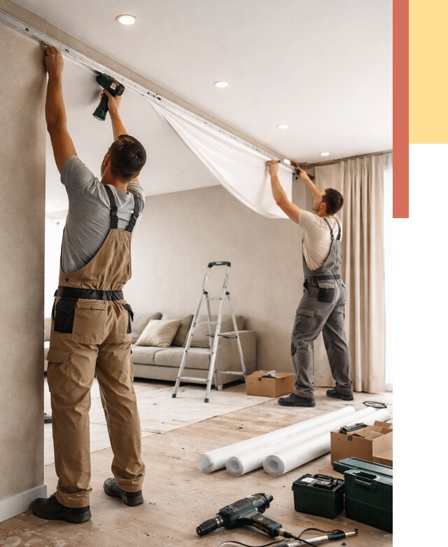 Монтаж натяжного потолка в гостиной в Дубне от 561 руб. | ОТДЕЛОЧНИК-Дбн