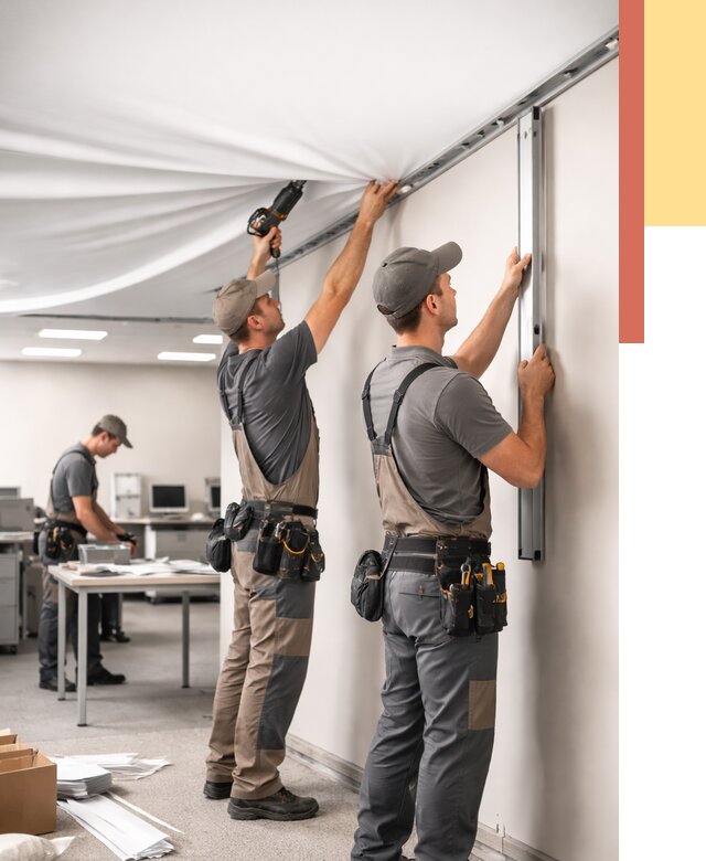 Монтаж натяжного потолка в офисе в Дубне от 459 руб/м² — быстро и недорого | ОТДЕЛОЧНИК-Дбн