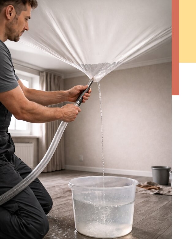 Слив воды с натяжного потолка в Дубне от 2552 руб. быстро и недорого | ОТДЕЛОЧНИК-Дбн