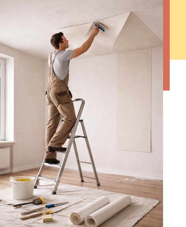 Поклейка обоев на потолок в Дубне от 4594 руб. быстро и недорого | ОТДЕЛОЧНИК-Дбн